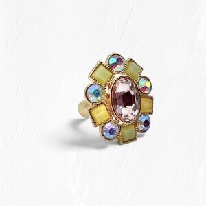 Vtg Monet Stretch Ring Ornate Flower Pink AB Glass Acrylic Gold Tone Retro Mod